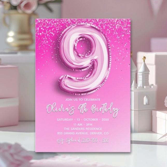 Elegant 9th Birthday Girl with Pink Number Balloon Invitation (Creator Uploaded)
