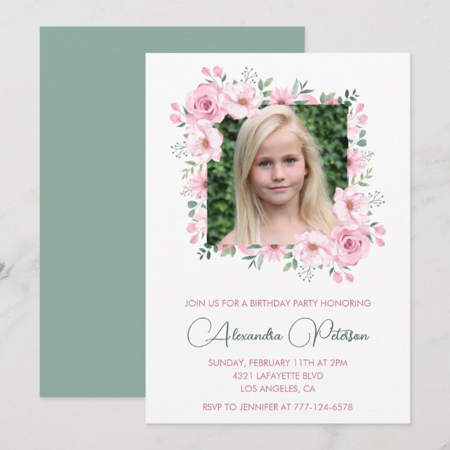 Elegant 9th birthday invitations Photo Boho (Front/Back)