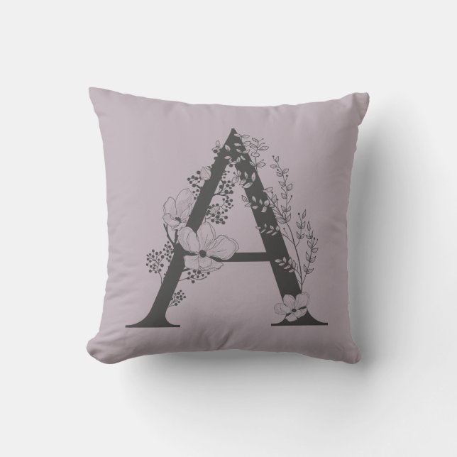 Elegant A Boho Floral Monogram Initial Lilac Grey Cushion (Front)
