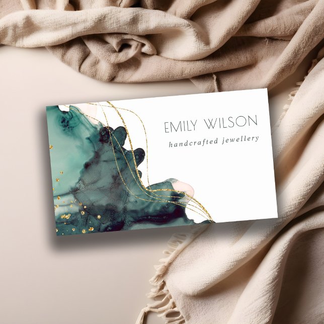 Elegant Abstract Alcohol Ink Dusky Gold Green Business Card (Creator Uploaded)