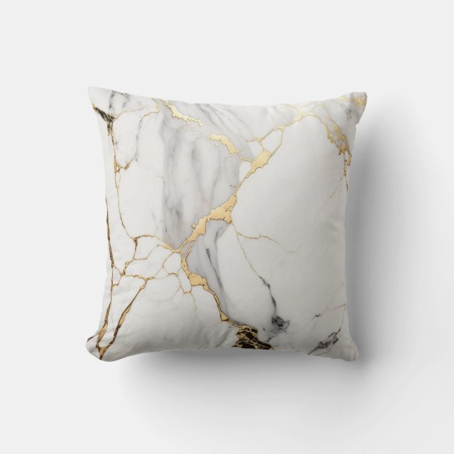 Elegant abstract black and white gold marble stone cushion (Front)