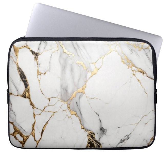Elegant abstract black and white gold marble stone laptop sleeve (Front)