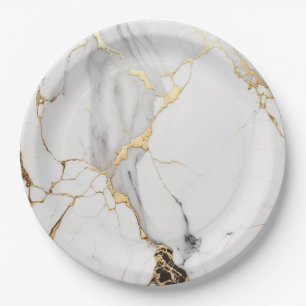 Elegant abstract black and white gold marble stone paper plate