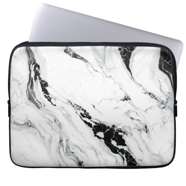 Elegant abstract black and white marble stone laptop sleeve (Front)