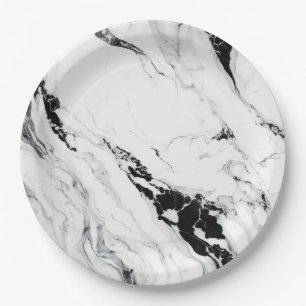 Elegant abstract black and white marble stone paper plate