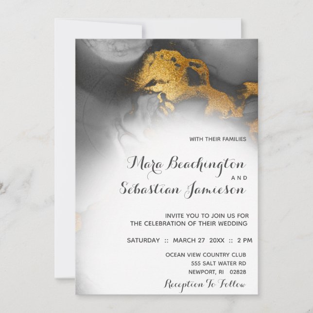 *~* Elegant Abstract Black Grey Gold Glitter Invitation (Front)