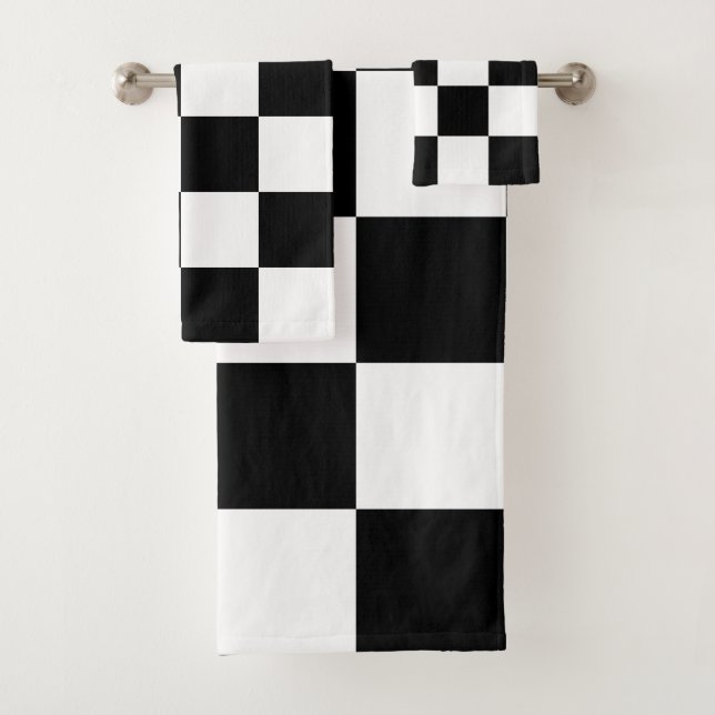 Elegant Abstract Black & White Chequered Bath Towel Set (Insitu)