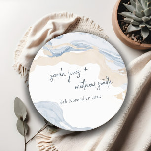 Elegant Abstract Blue Beige Coastal Beach Wedding Round Paper Coaster