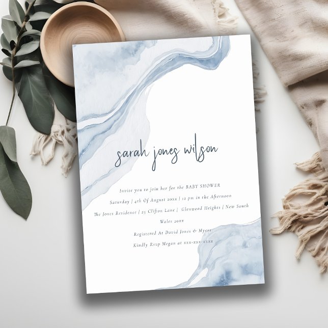Elegant Abstract Blue Coastal Beach Baby Shower Invitation (Creator Uploaded)