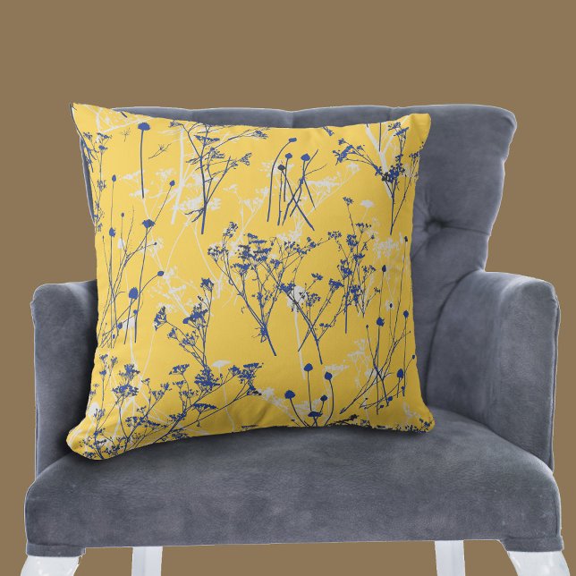 Elegant Abstract Blue Wildflowers Mustard Yellow Cushion (Creator Uploaded)