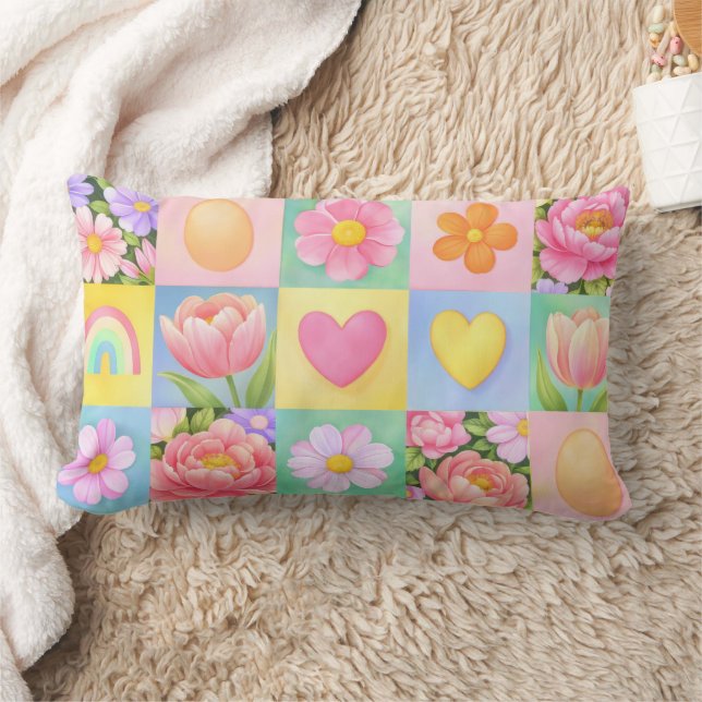 Elegant Abstract Floral Checkerboard Pattern  Lumbar Cushion (Blanket)