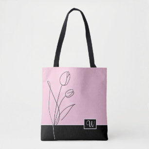 Elegant Abstract Floral Line Art Monogram Tote Bag