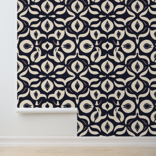 Elegant Abstract Floral Pattern in Black and Cream Wallpaper