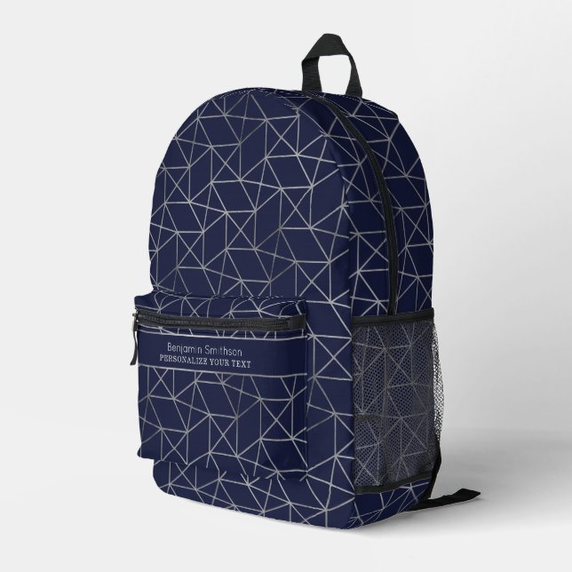  Elegant Abstract Geometric Navy Blue Add Name Men Printed Backpack (Back Corner Right)