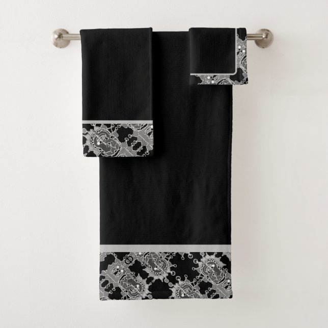 Elegant Abstract Geometric Pattern Black Var1 Bath Towel Set (Insitu)