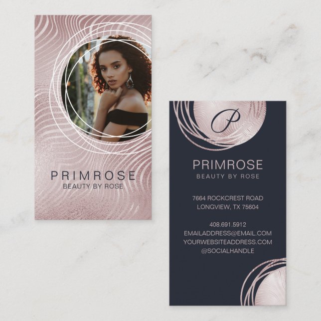 Elegant Abstract Glam Rose Gold Monogram Photo Business Card (Front/Back)