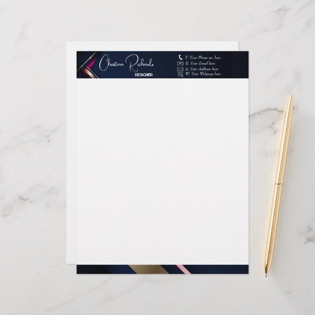 Elegant Abstract Gold Blue Pink Custom Letterhead (Front/Back In Situ)