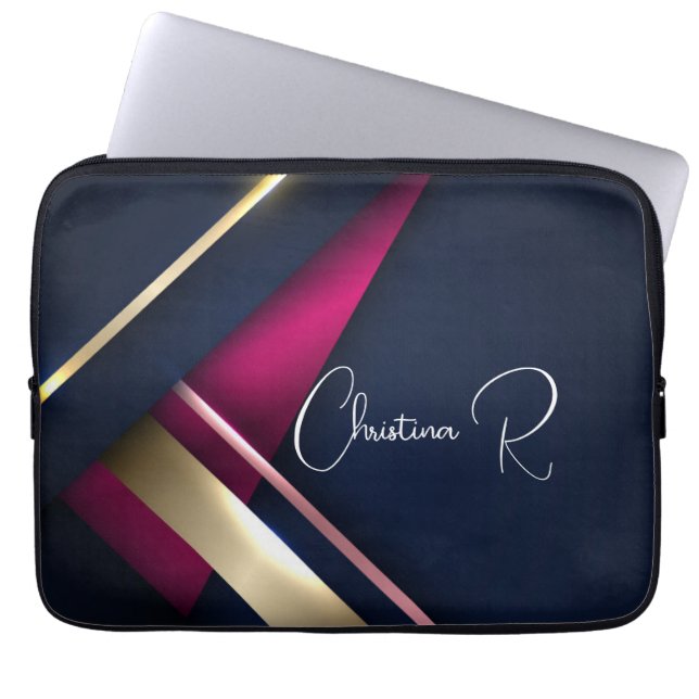 Elegant Abstract Gold Blue Pink Name Laptop Sleeve (Front)