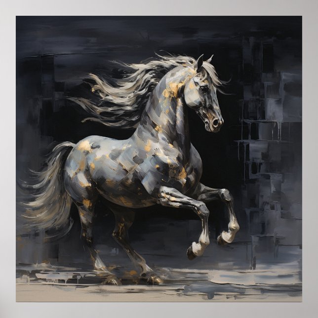 Elegant Abstract Grey with Gold Baroque Horse Poster (Front)