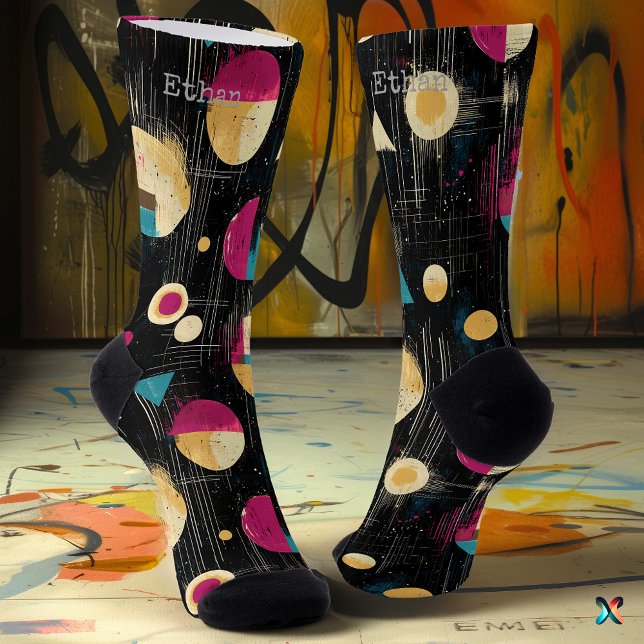 Elegant Abstract in Gold, Magenta, Teal on Black  Socks (Creator Uploaded)