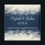 Elegant Abstract Lace and Pearls Wedding Favour Magnet<br><div class="desc">A fancy elegant abstract design with cream coloured lace and pearls made with circles and bubbles. The background is dark blue with faded squares off to the side. Pretty and delicate design. Customise / personalise with the groom and brides name and wedding date, with text that reads" thank you for...</div>