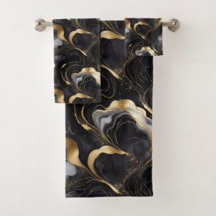 Elegant Abstract Marbleised Black, Gold, and White Bath Towel Set