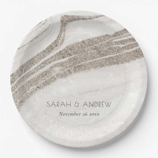 Elegant Abstract Pale Gold Marble Agate Wedding Paper Plate (Front)