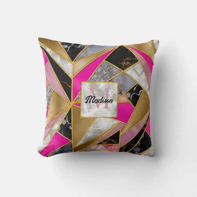 Elegant abstract pink black geometric cushion (Front)