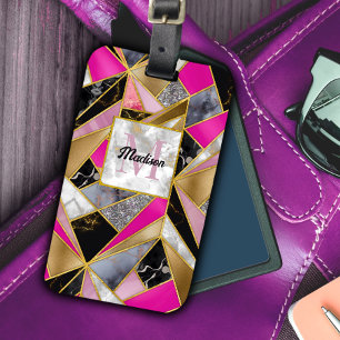 Elegant abstract pink black geometric luggage tag