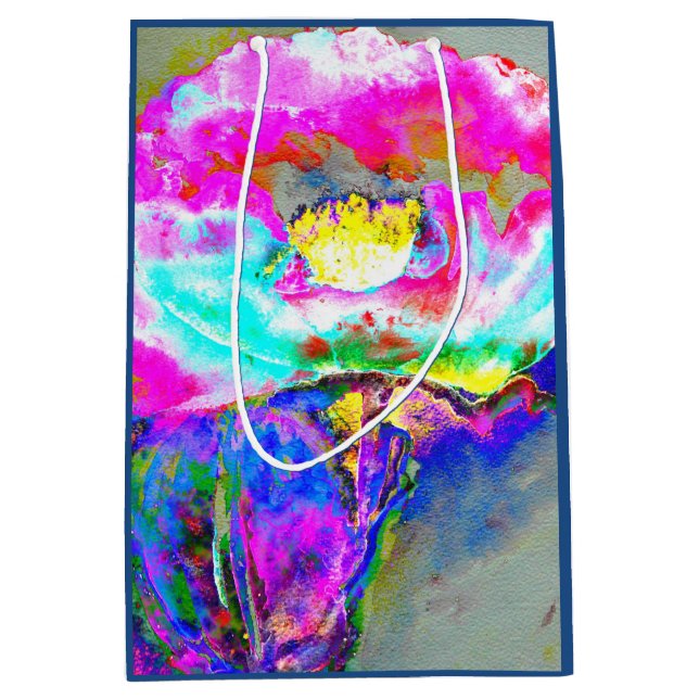 Elegant abstract pink teal floral painting medium gift bag (Front)