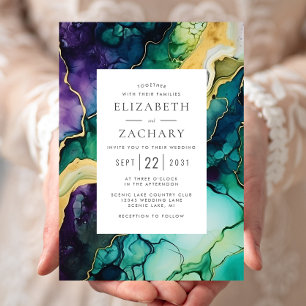 Elegant Abstract Plum Green Gold Wedding Invitation