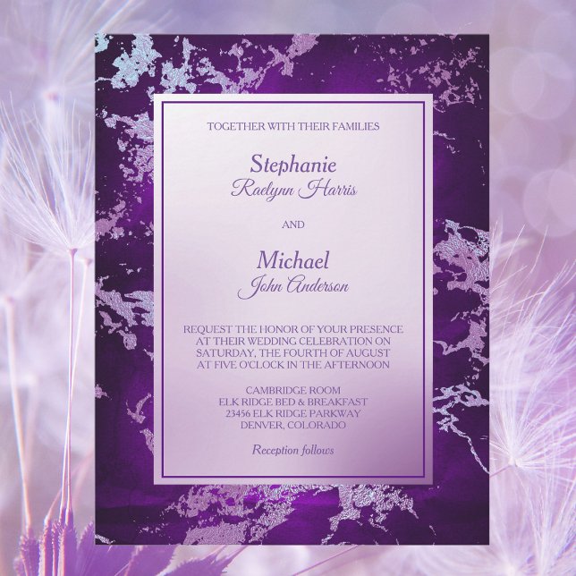 Elegant Abstract Purple Molten Silver Wedding Invitation (Creator Uploaded)