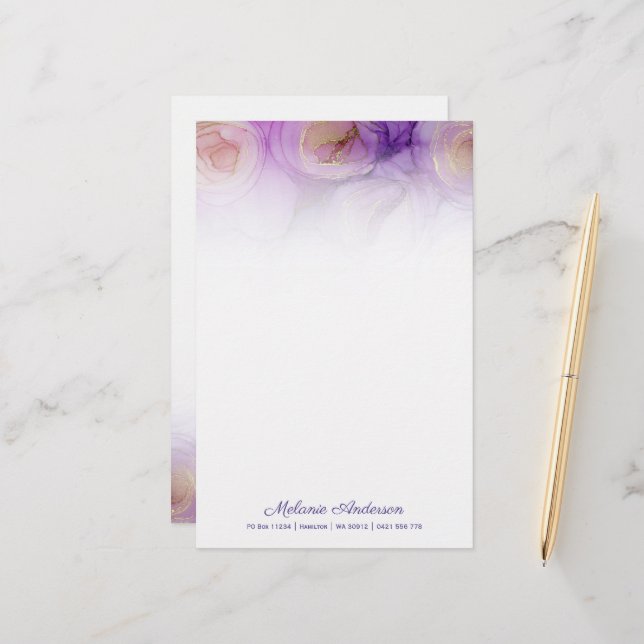 Elegant Abstract Purple Roses Stationery Paper (Front/Back In Situ)