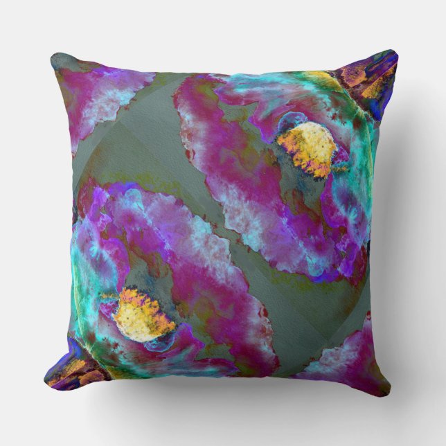 Elegant abstract purple teal flower painting cushion (Front)