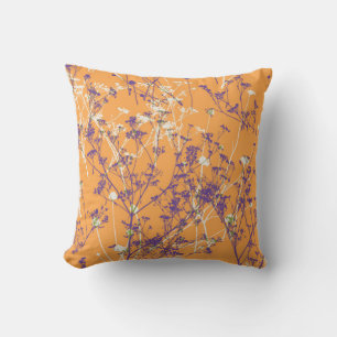 Elegant Abstract Purple Wildflowers on Orange Cushion