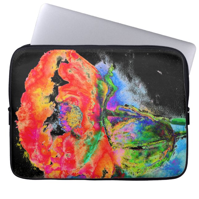 Elegant abstract red floral watercolor black laptop sleeve (Front)