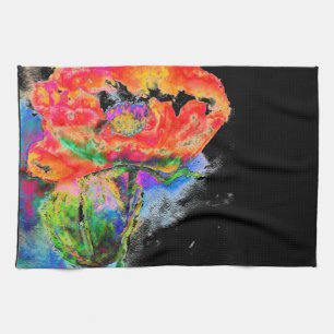 Elegant abstract red floral watercolor black tea towel