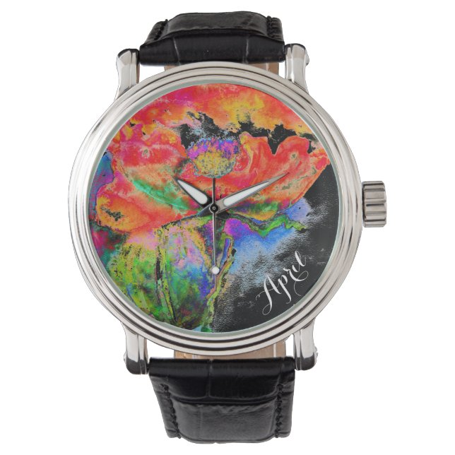 Elegant abstract red floral watercolor black watch (Front)