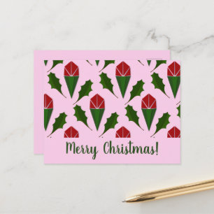 Elegant Abstract Red Roses Green Holly Art, Pink Postcard