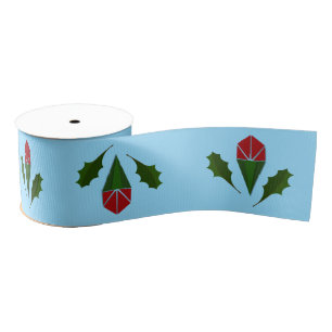 Elegant Abstract Red Roses, Holly Holiday Sky Blue Grosgrain Ribbon