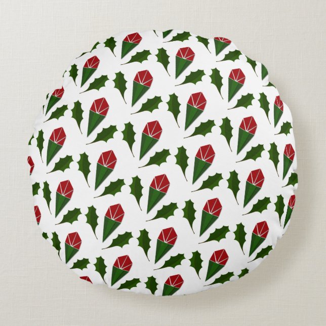 Elegant Abstract Red Roses & Leaves Floral Pattern Round Cushion (Front)