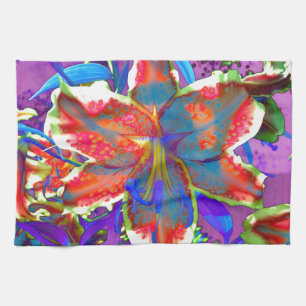 Elegant abstract retro red blue flower tea towel