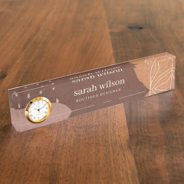 Elegant Abstract Rust Brown Orange Leafy Foliage Nameplate (Side)