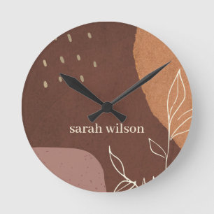 Elegant Abstract Rust Brown Orange Leafy Foliage Round Clock