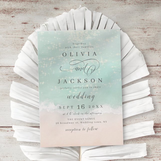 Elegant abstract sparkling ocean beach wedding invitation (Creator Uploaded)