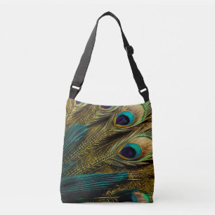Elegant Abstract Teal Blue Gold Peacock Feathers Crossbody Bag