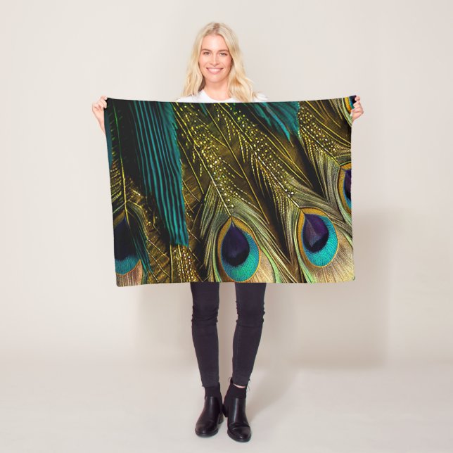 Elegant Abstract Teal Blue Gold Peacock Feathers | Fleece Blanket (In Situ)