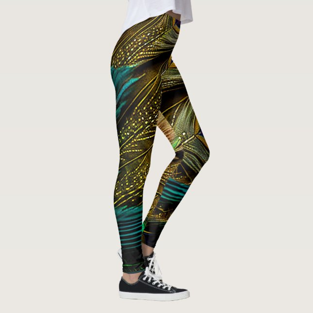 Elegant Abstract Teal Blue Gold Peacock Feathers | Leggings (Right)