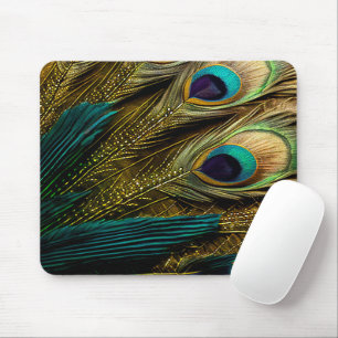 Elegant Abstract Teal blue Gold Peacock Feathers Mouse Pad
