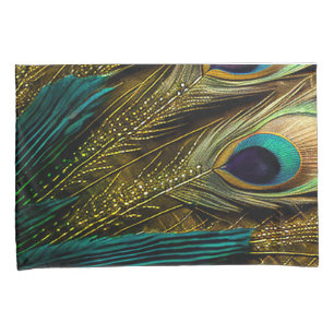 Elegant Abstract Teal Blue Gold Peacock Feathers   Pillowcase